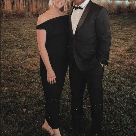 Paris Georgia Black Ruched Midi Dress MEDIUM Bodycon Off Shoulder Cocktail $250 - Picture 6 of 10